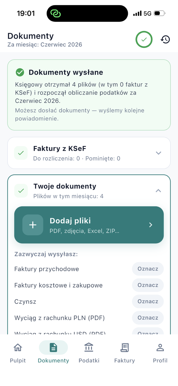 Ekran dokumentów: potwierdzenie odbioru plików i lista tego, co zwykle wysyłasz