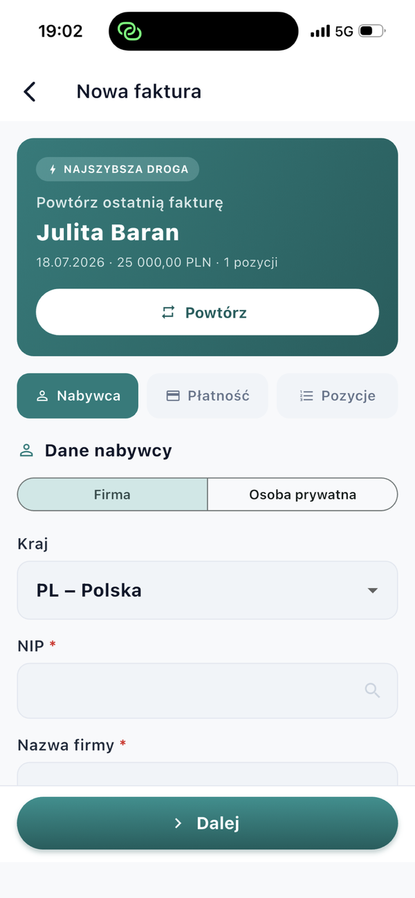 Ekran nowej faktury: powtórzenie ostatniej faktury i formularz danych nabywcy