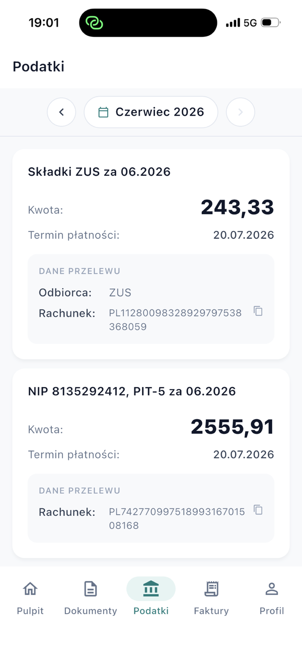 Ekran podatków: kwota ZUS i PIT za miesiąc, terminy płatności i dane przelewu