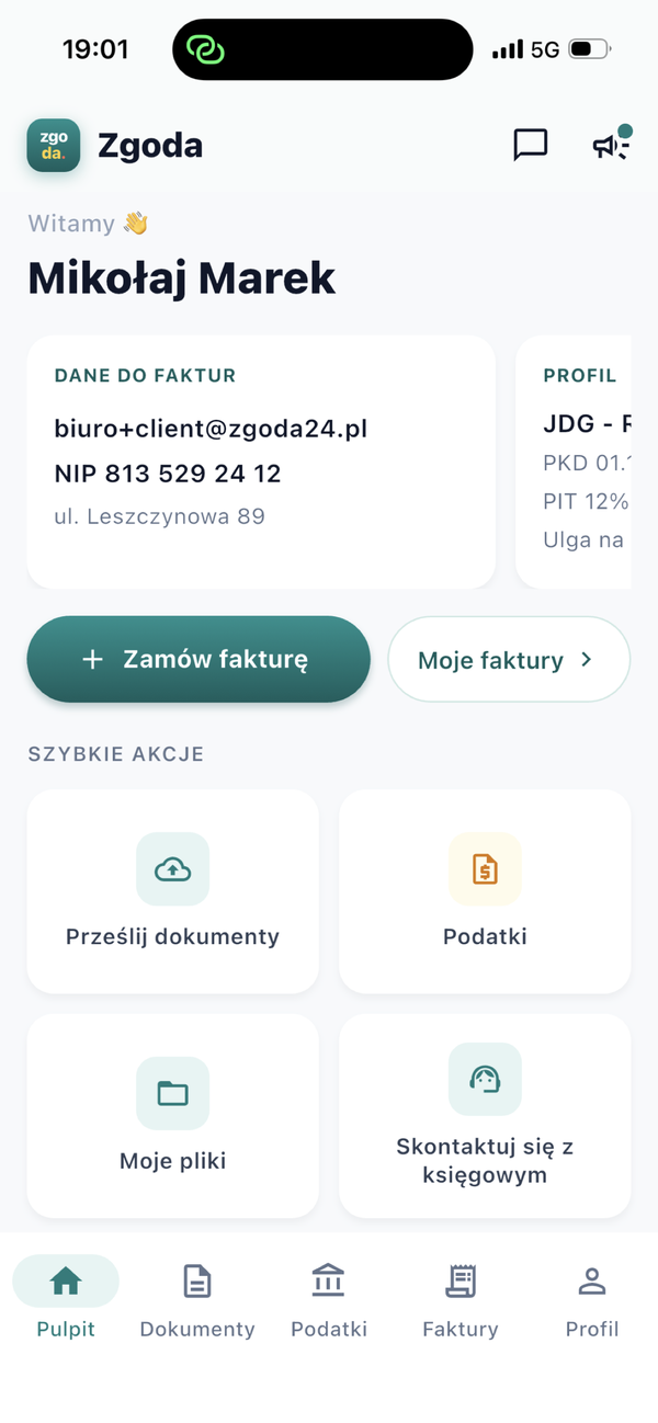 Ekran główny aplikacji Zgoda: dane do faktur, profil JDG, szybkie akcje